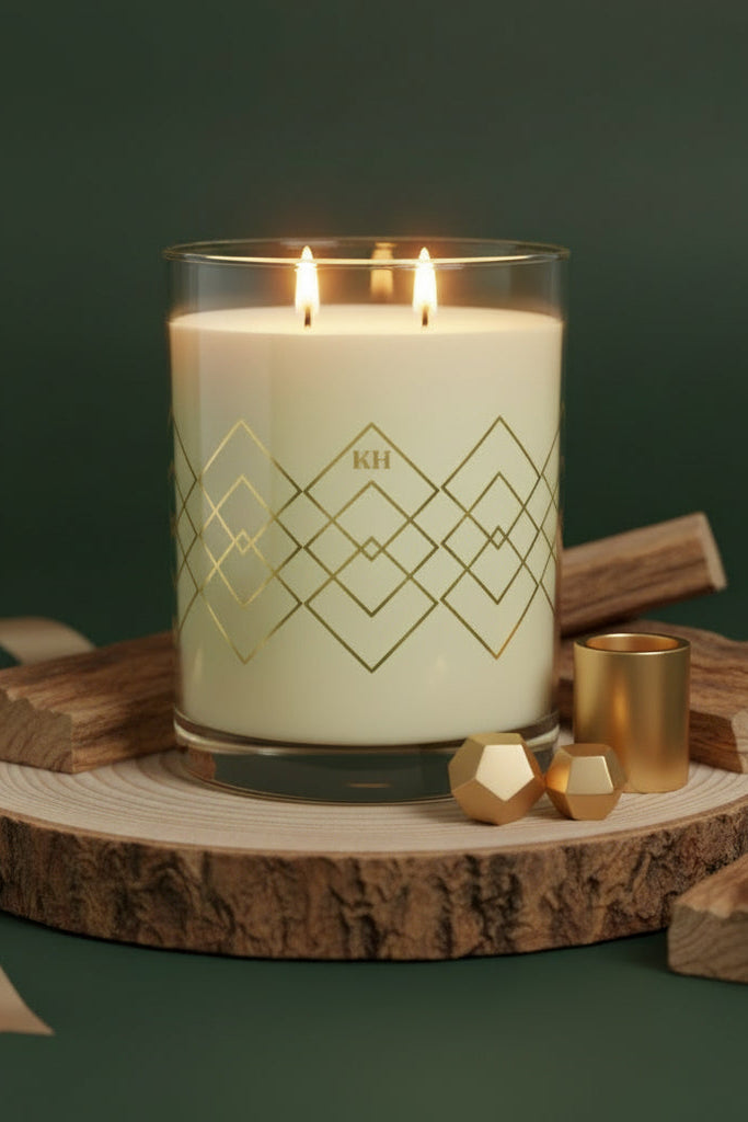 Candle with gold geometric design and 'KH' initials on a white background