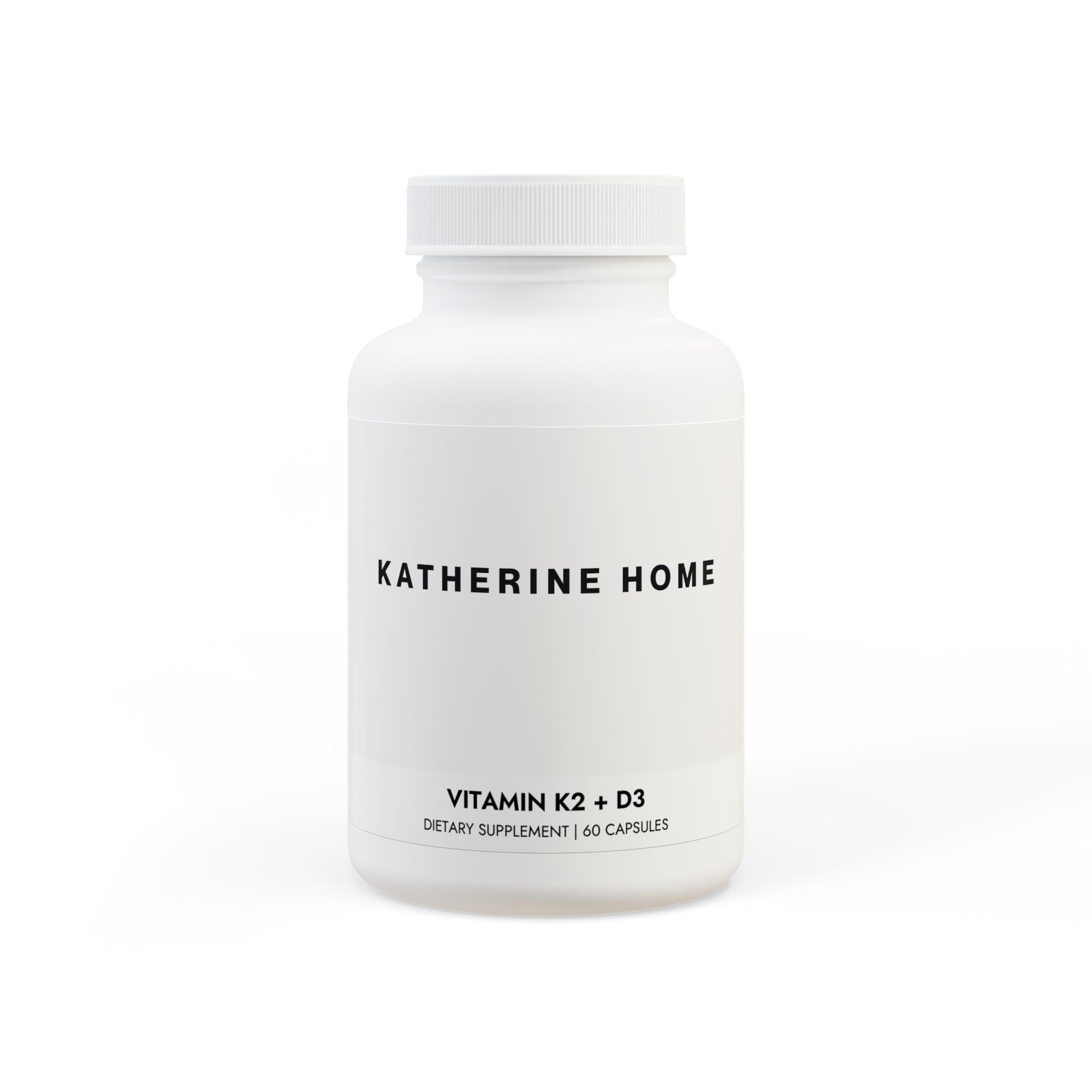 White supplement bottle labeled 'Katherine Home' on a white background