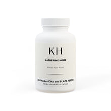 Ashwagandha and Black Pepper supplement bottle by Katherine Home, 60 capsules for stress management and well-being support.