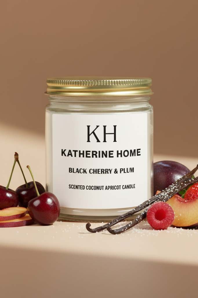 Candle jar with a white label featuring 'KH Katherine Home' on a white background