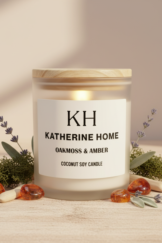 Katherine Home candle with decorative elements on a wooden surface