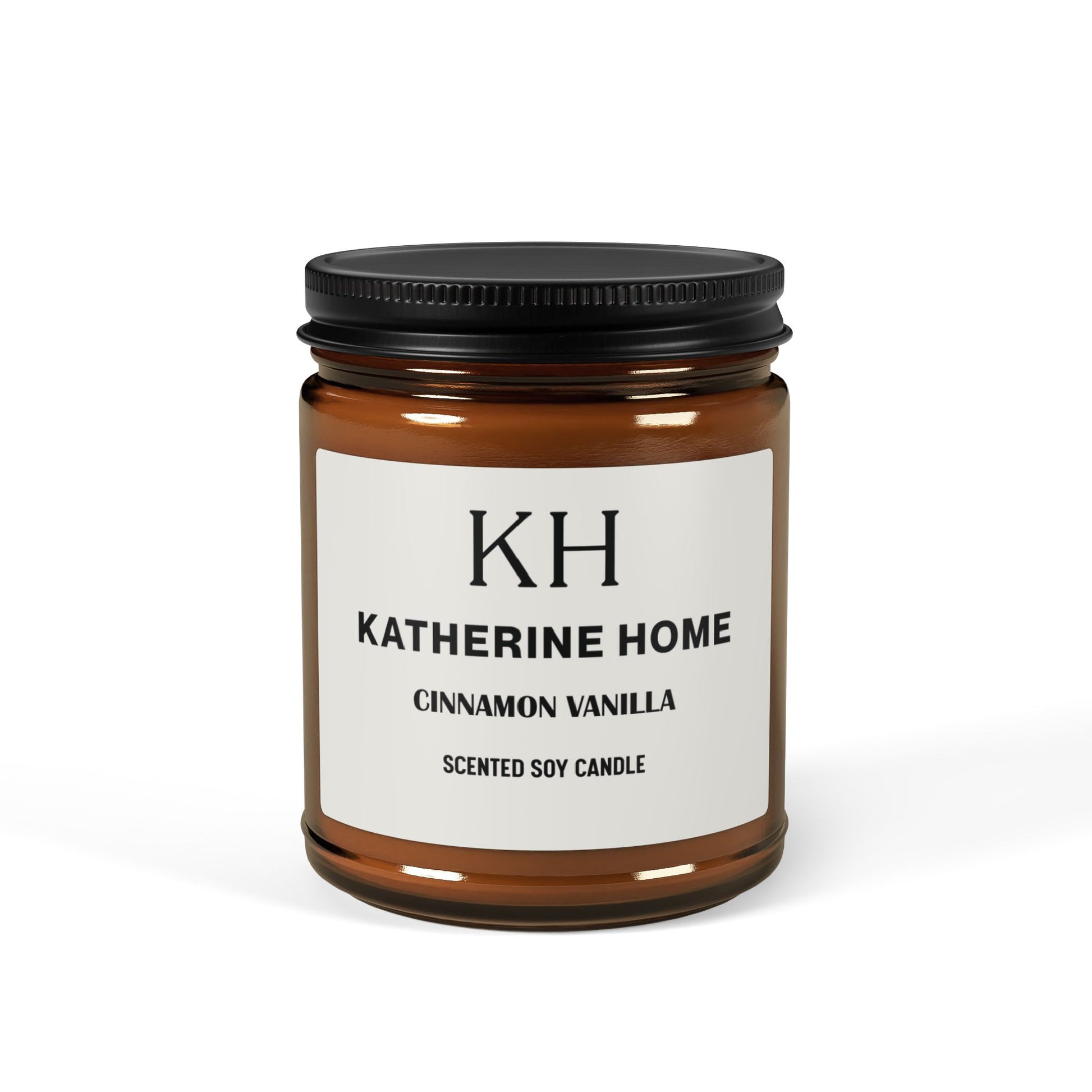 Cinnamon Vanilla Amber Soy Candle by Katherine Home, warm fragrance with spicy cinnamon and creamy vanilla in a brown jar.