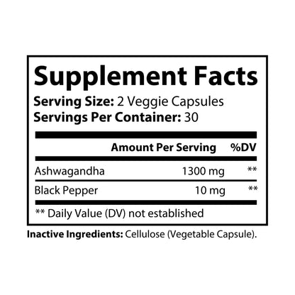 Supplement facts for Ashwagandha and Black Pepper, serving size 2 capsules, 1300 mg Ashwagandha, 10 mg Black Pepper per serving.