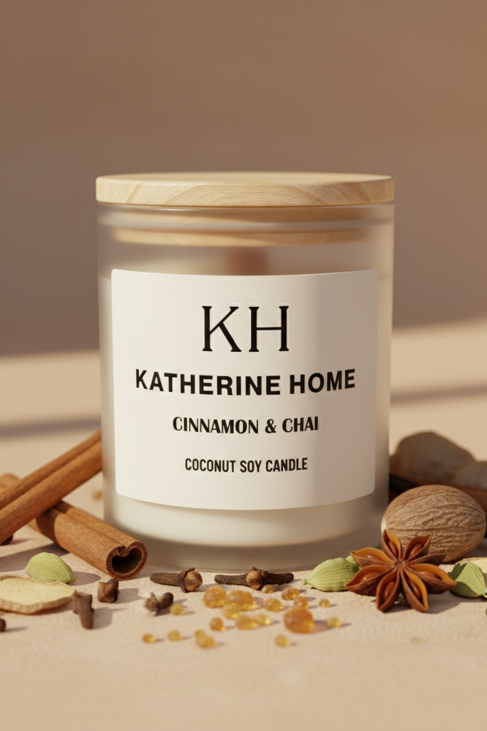 Candle labeled 'KH Katherine Home' with cinnamon sticks and spices on a neutral background