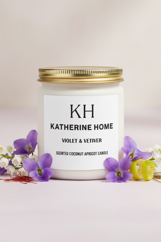 Candle with a white label featuring 'KH Katherine Home' on a white background