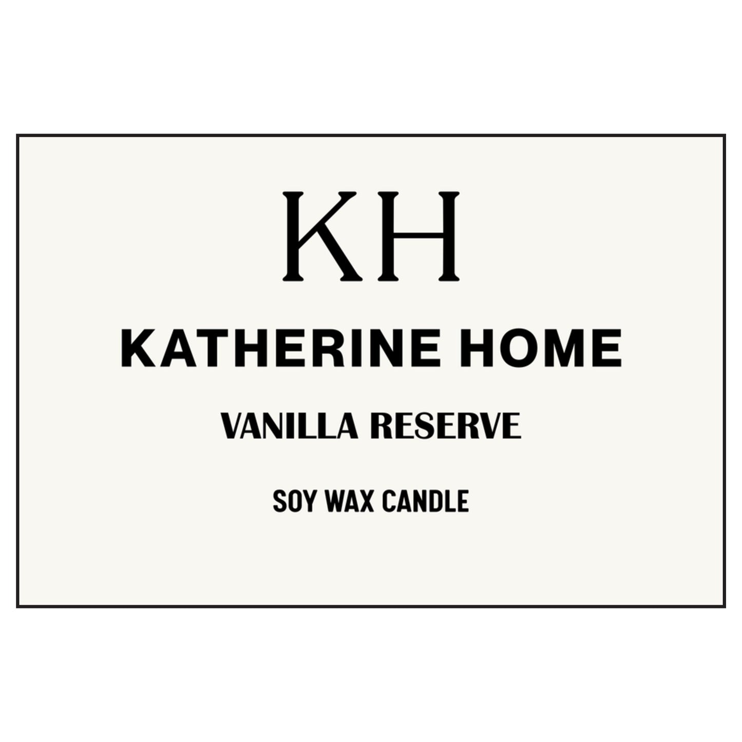 Vanilla Reserve soy wax candle by Katherine Home with a minimalist label design.