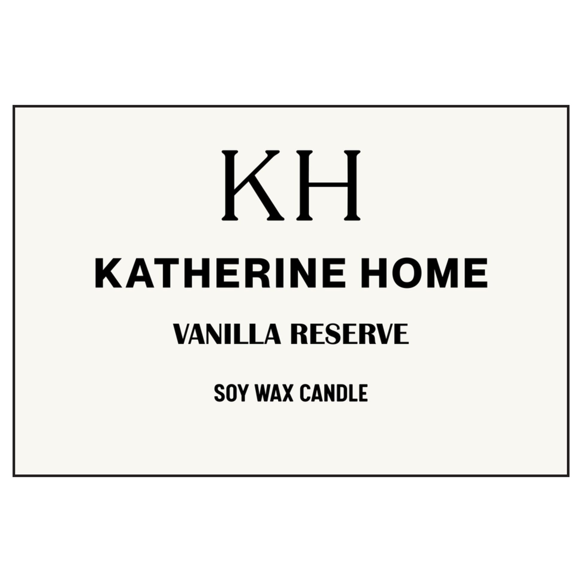 Vanilla Reserve soy wax candle by Katherine Home with a minimalist label design.
