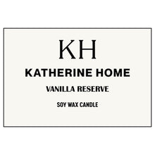 Vanilla Reserve soy wax candle by Katherine Home with a minimalist label design.