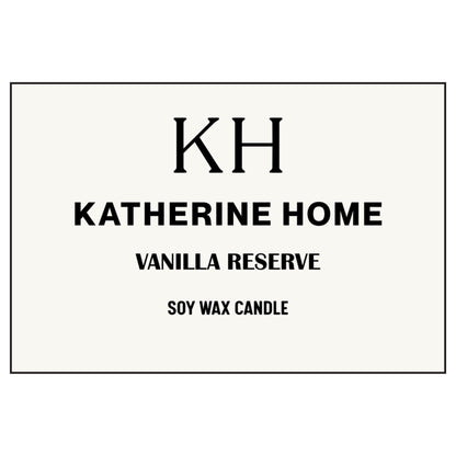 Vanilla Reserve soy wax candle by Katherine Home with a minimalist label design.