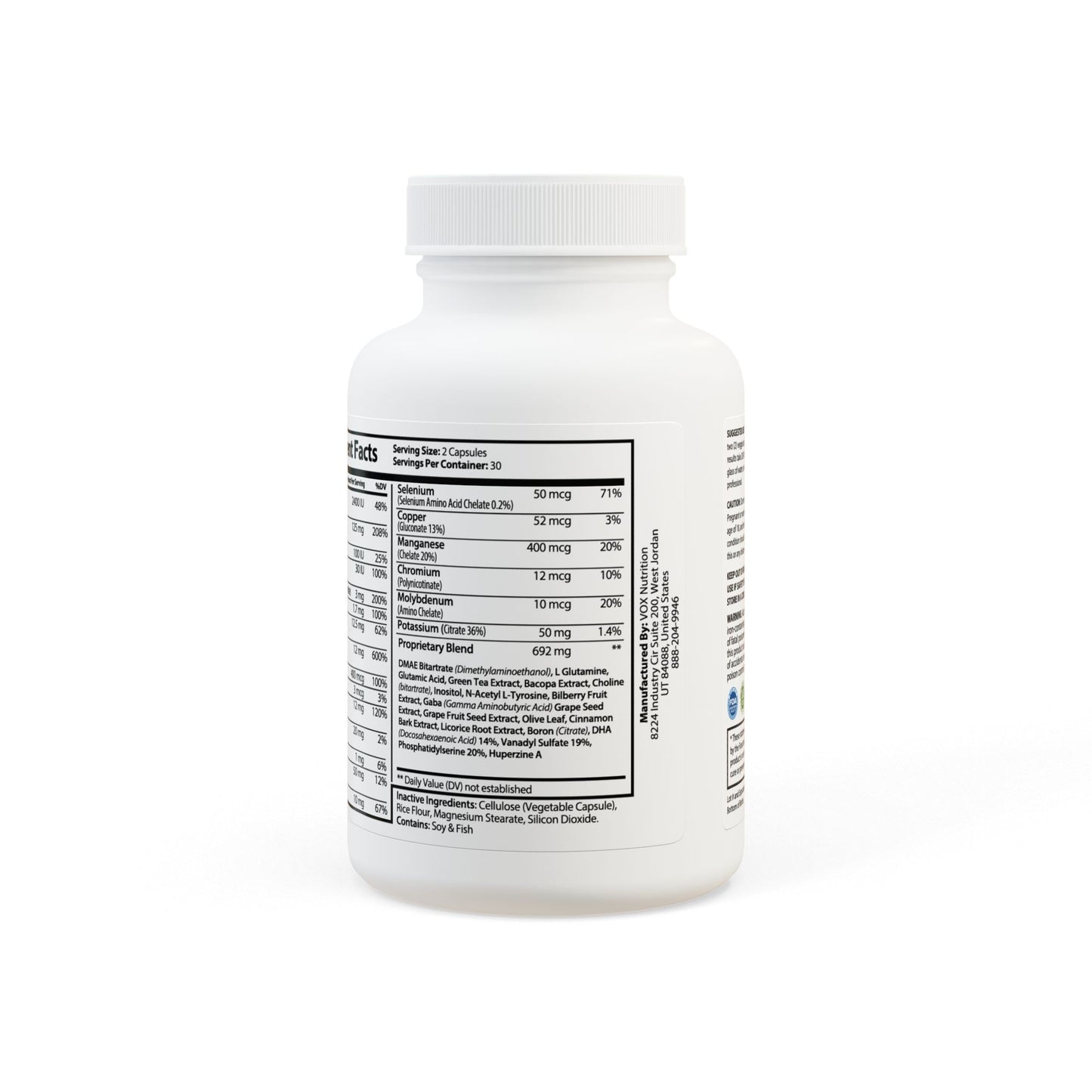 Back view of Brain Support Complex Supplement bottle showing ingredients label for brain health support.
