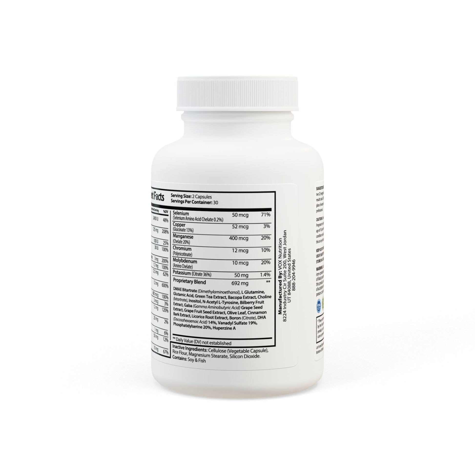 Back view of Brain Support Complex Supplement bottle showing ingredients label for brain health support.