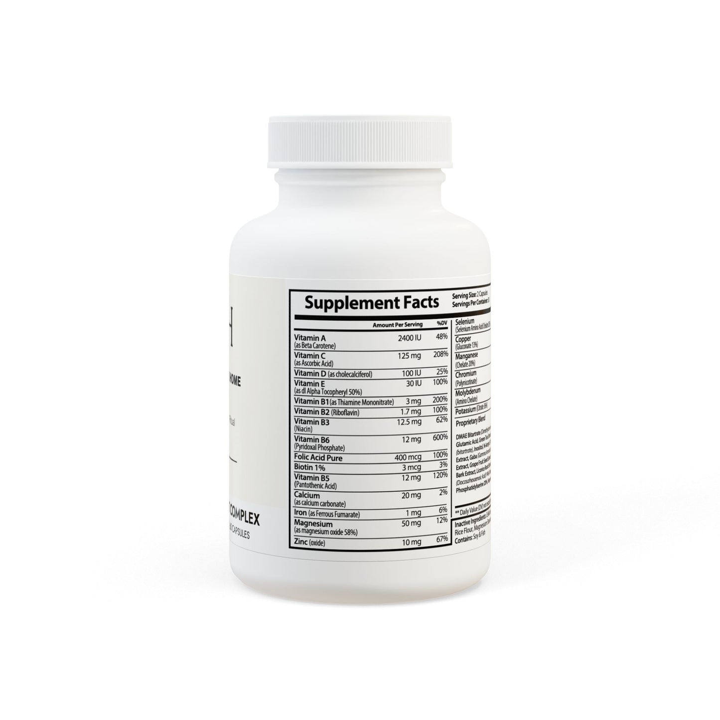 Brain Support Complex Supplement bottle with detailed supplement facts label shown on the side.