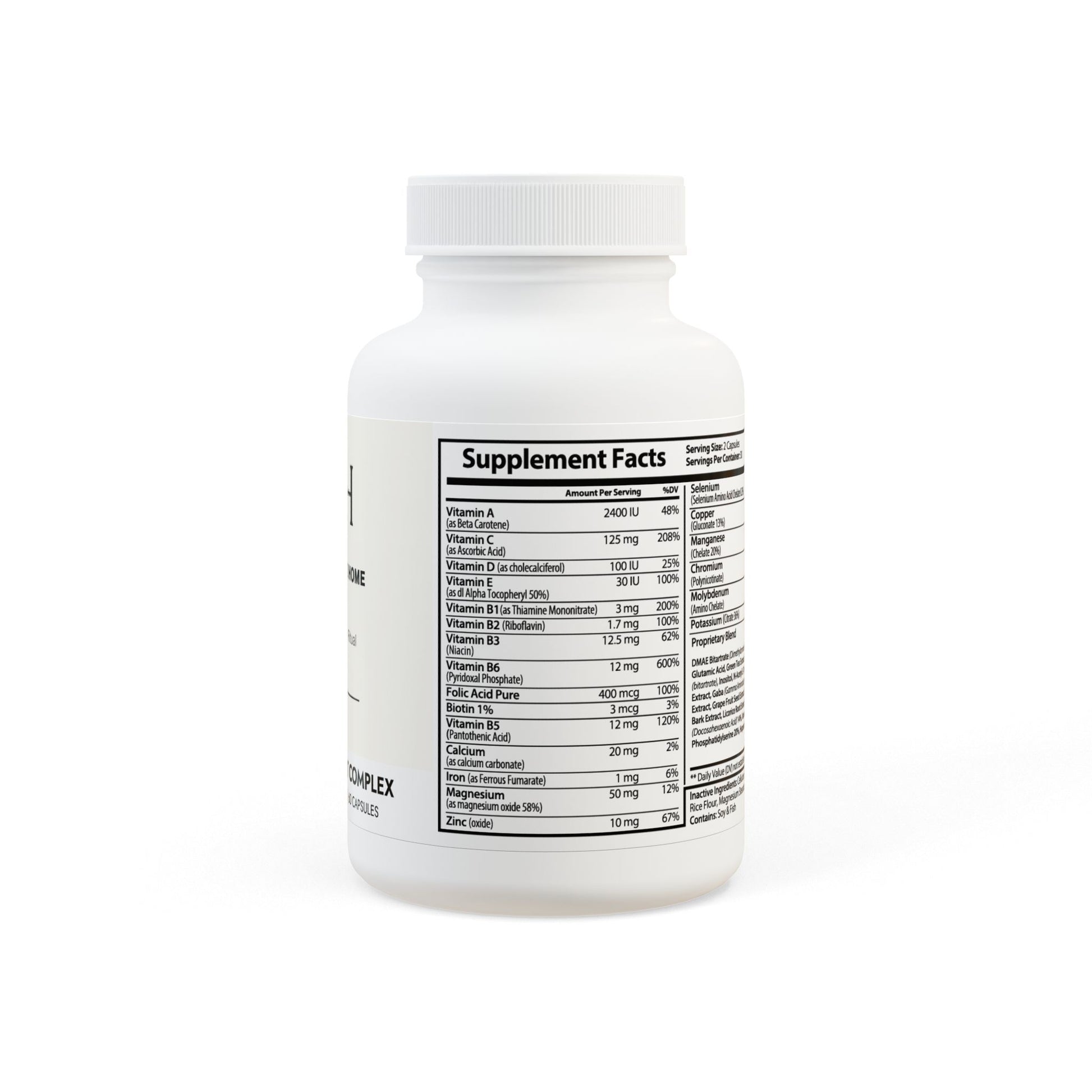 Brain Support Complex Supplement bottle with detailed supplement facts label shown on the side.