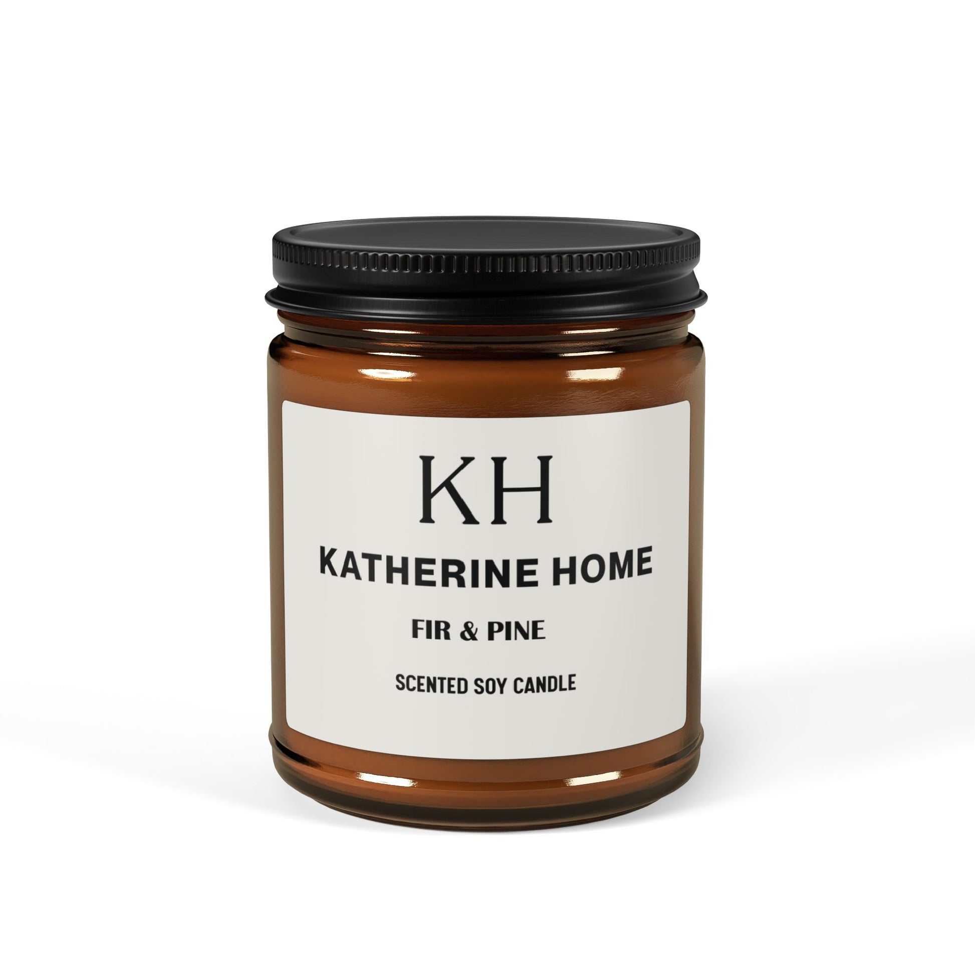 Fir & Pine Large Amber Soy Candle in jar with label, featuring notes of orange spice, fir, and pine, perfect for a cozy home ambience.