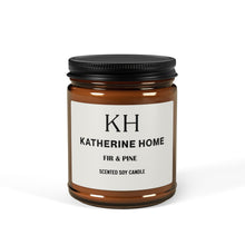 Fir & Pine Large Amber Soy Candle in jar with label, featuring notes of orange spice, fir, and pine, perfect for a cozy home ambience.
