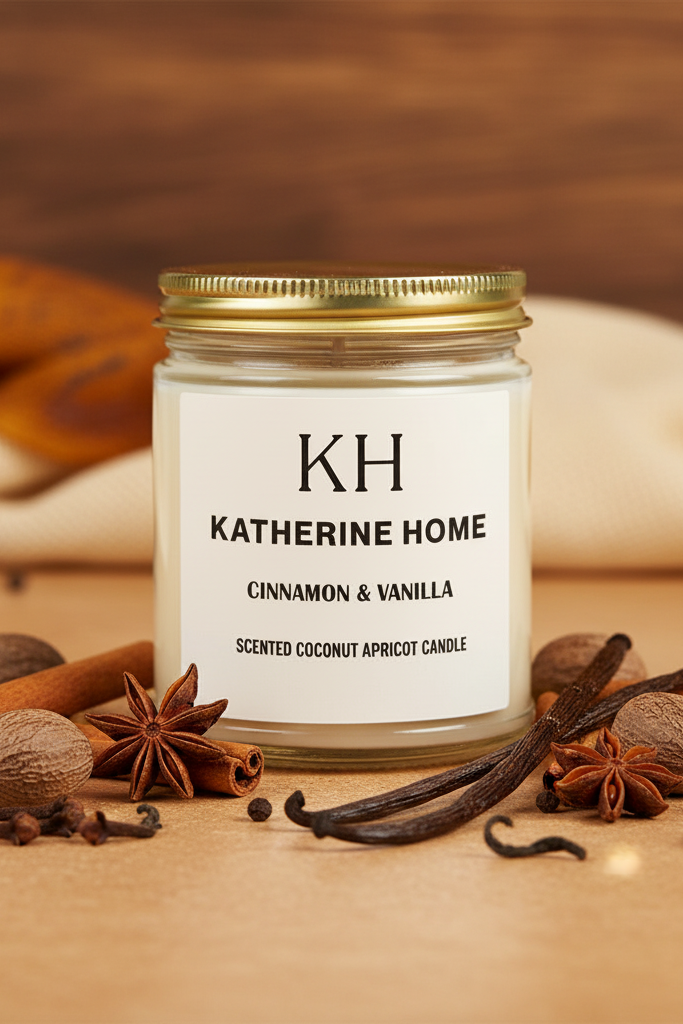 Candle jar with 'KH Katherine Home' label on a white background
