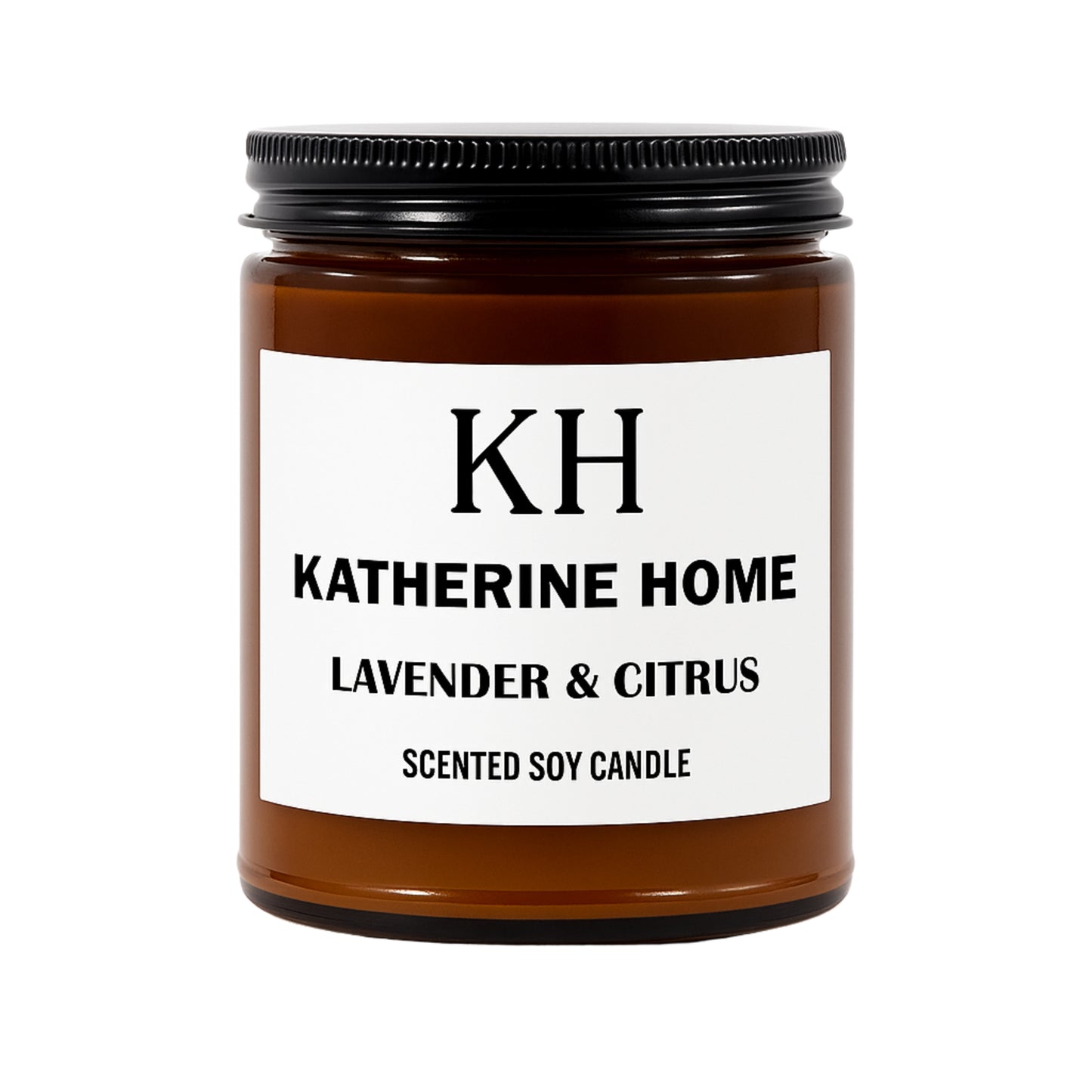 Lavender & Citrus Scented Soy Candle in amber jar with fresh citrus, lavender, jasmine, patchouli scent, branded Katherine Home.