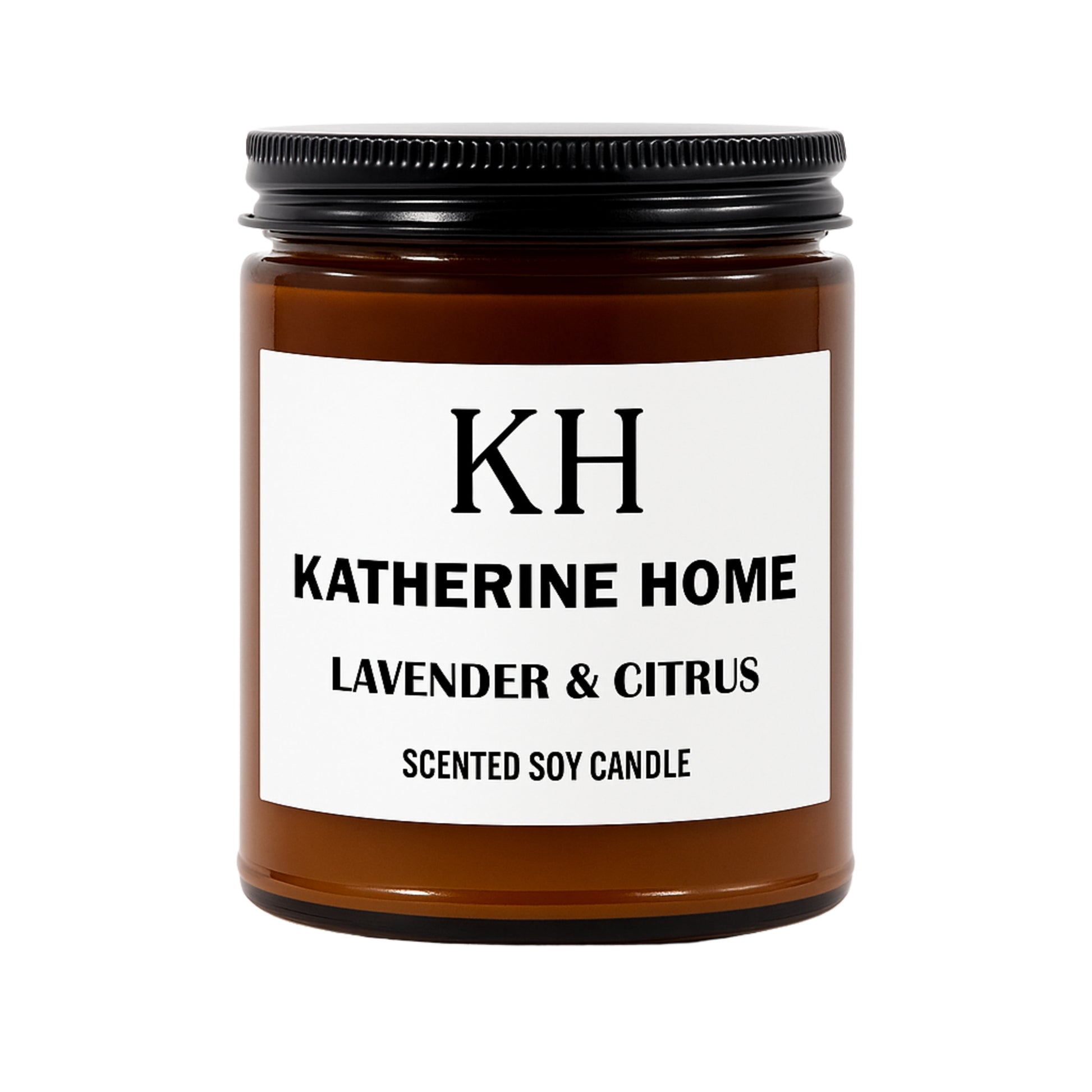 Lavender & Citrus Scented Soy Candle in amber jar with fresh citrus, lavender, jasmine, patchouli scent, branded Katherine Home.