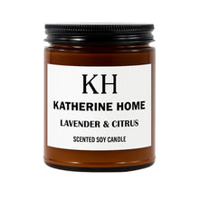 Lavender & Citrus Scented Soy Candle in amber jar with fresh citrus, lavender, jasmine, patchouli scent, branded Katherine Home.