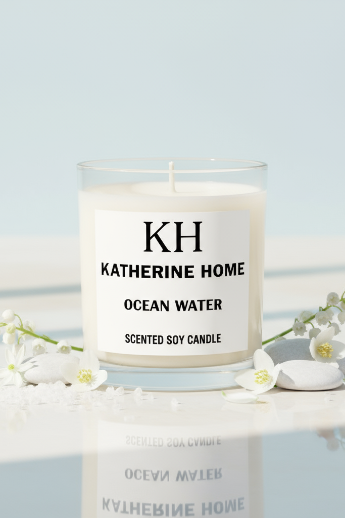 Scented candle labeled 'KH Katherine Home Ocean Water' on a light blue background with white flowers.