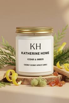 Candle jar with 'KH Katherine Home' label on a white background