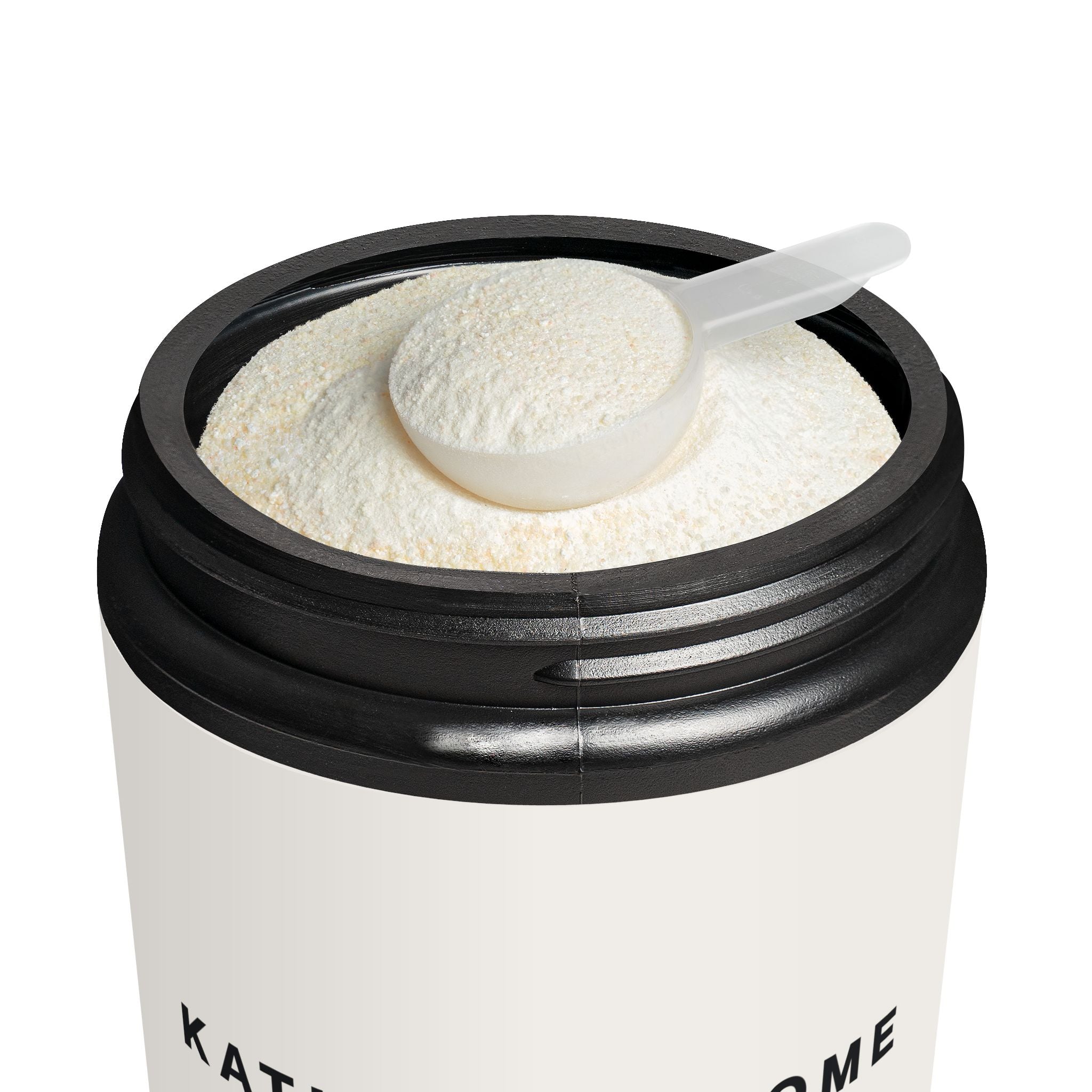 Container of protein powder with a scoop on a white background