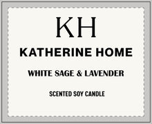 White Sage & Lavender scented soy candle by Katherine Home, featuring soothing and aromatic fragrance blend.