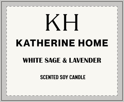 Katherine Home white sage and lavender scented soy candle label