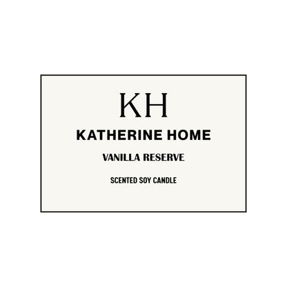 Label of Katherine Home Vanilla Reserve scented soy candle.