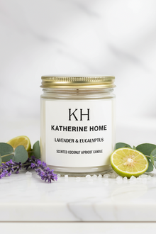 Katherine Home candle with lavender and eucalyptus scent on a white background