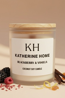 Katherine Home candle with blackberry, vanilla, and coconut soy ingredients on a beige background