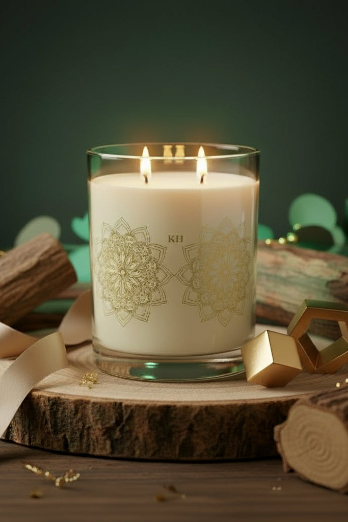 Candle with decorative label and initials on a white background