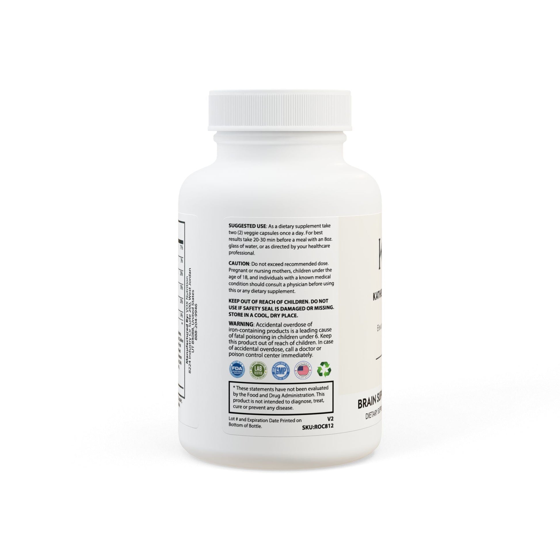 Brain Support Complex Supplement bottle with label showing ingredients and certifications for brain health support