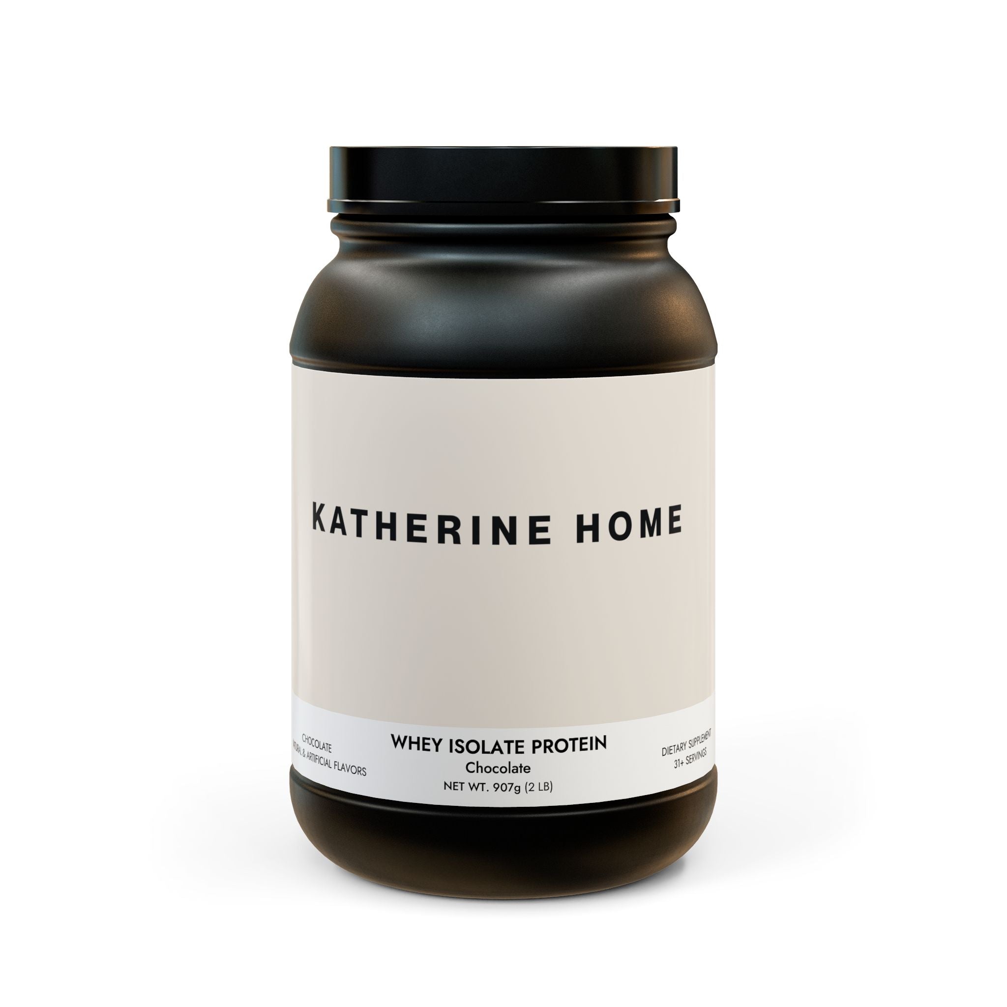 Protein powder container labeled 'Katherine Home' on a white background