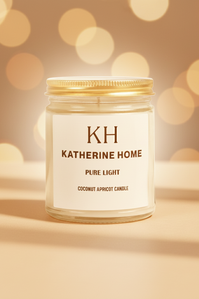 Katherine Home candle with a gold lid on a white background
