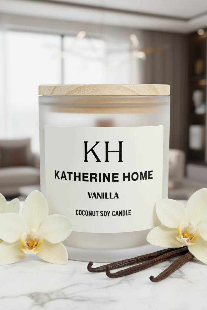 Vanilla candle with 'KH Katherine Home' branding on a marble surface with flowers and vanilla beans.