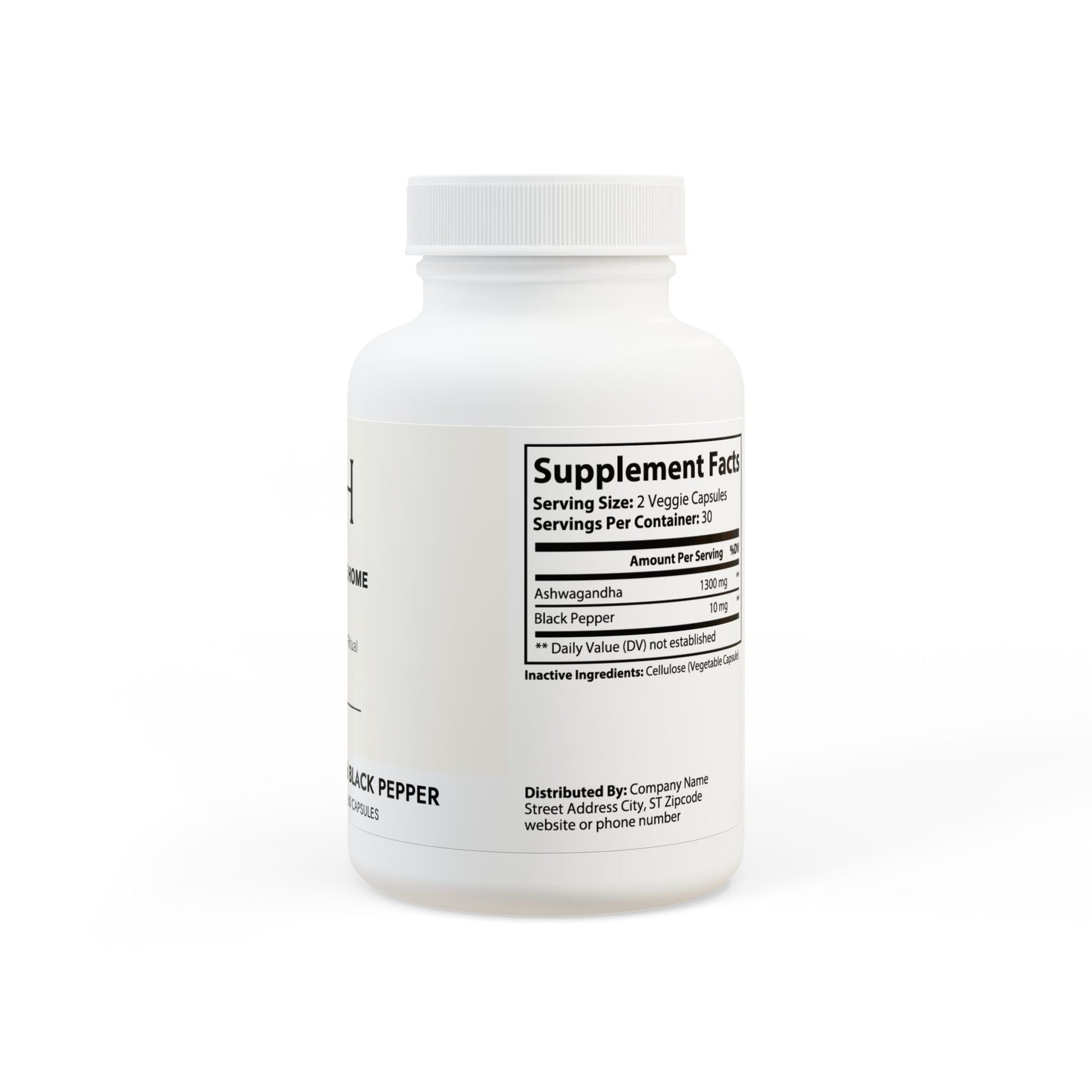 Ashwagandha supplement bottle with black pepper extract for stress support and well-being