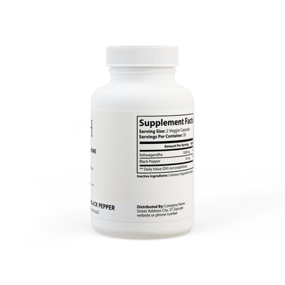 Ashwagandha supplement bottle with black pepper extract for stress support and well-being
