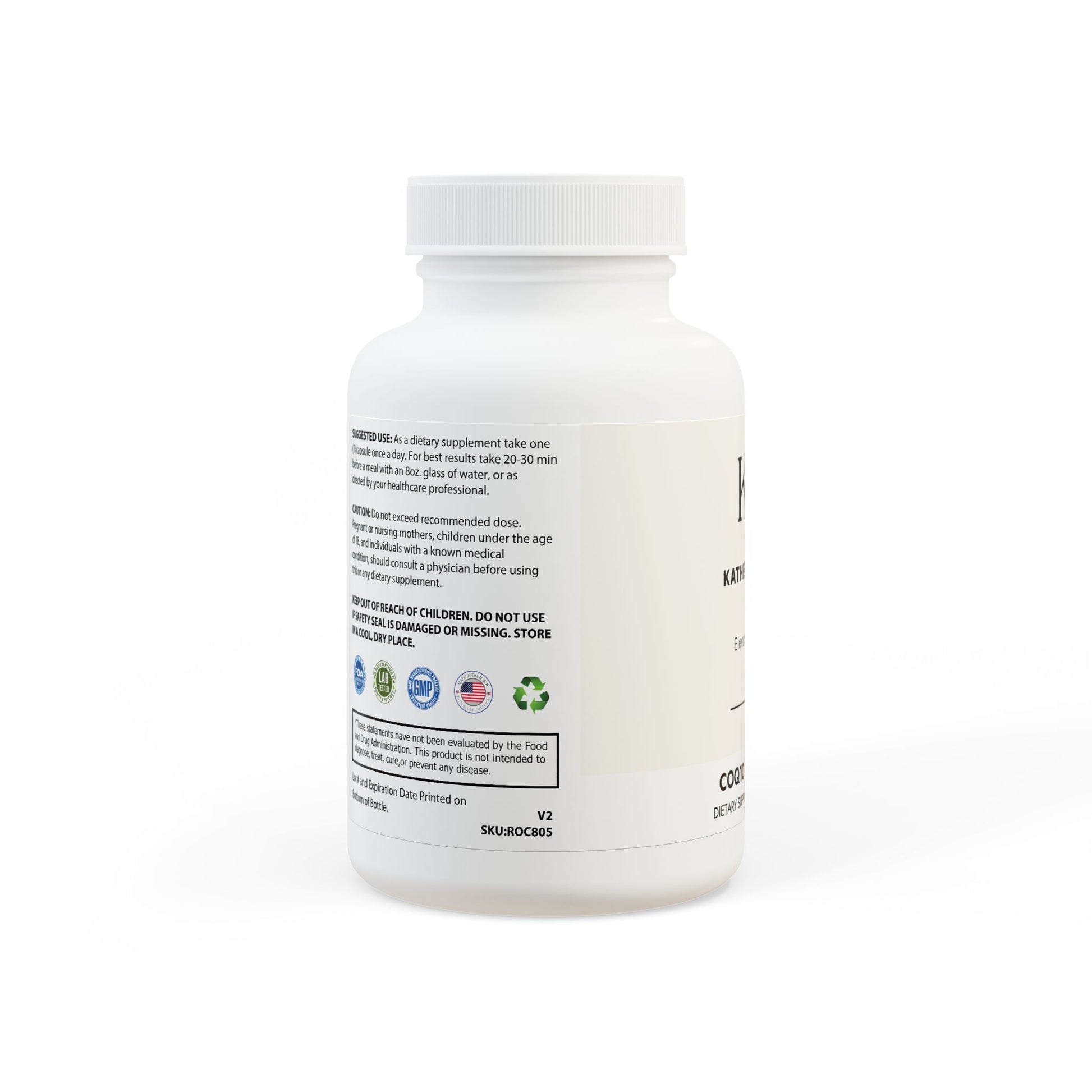 Side panel showing non-GMO, vegan, corn-free, lactose-free, and third-party tested features.