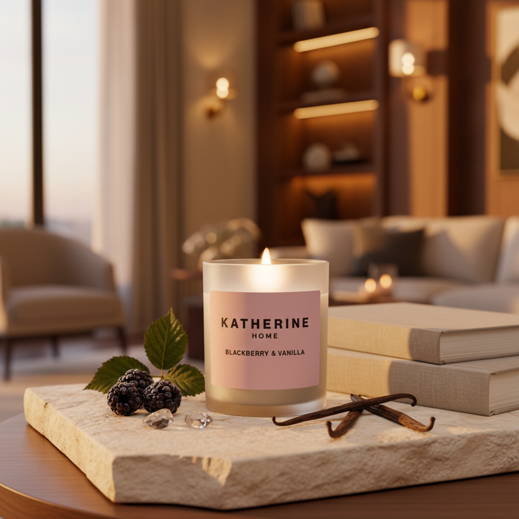 Candle labeled 'Katherine Home Blackberry & Vanilla' on a stone surface with decorative elements in a cozy room.