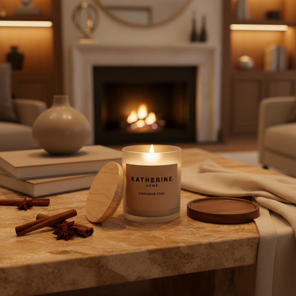Candle labeled 'Katherine Home' on a table with cinnamon sticks and books, fireplace in the background