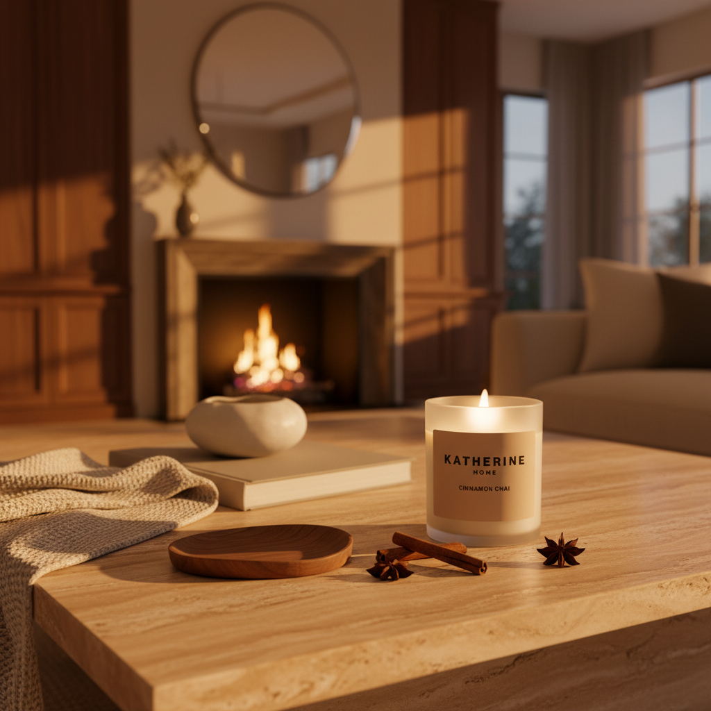 Candle labeled 'Katherine' on a wooden table with a fireplace in the background