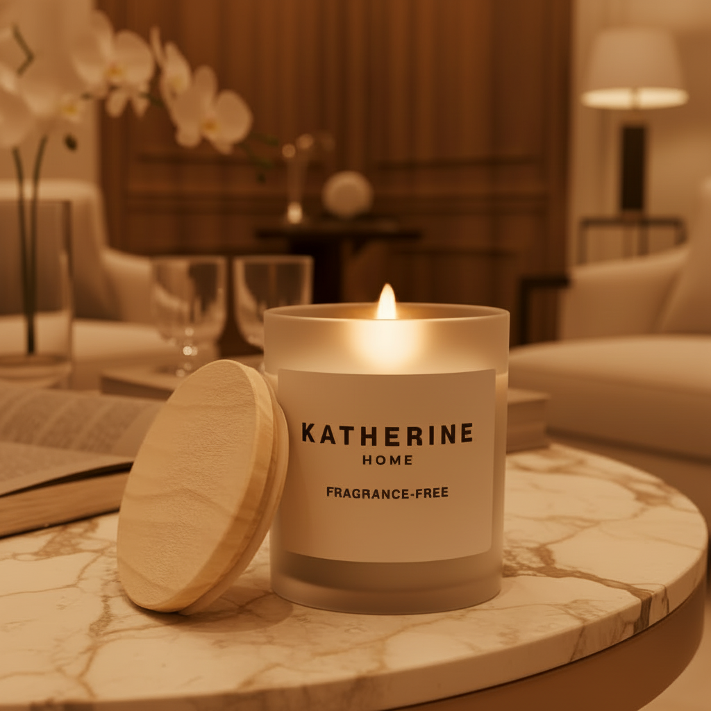 Lit candle in a 'Katherine Home' container on a marble surface with a blurred indoor setting.