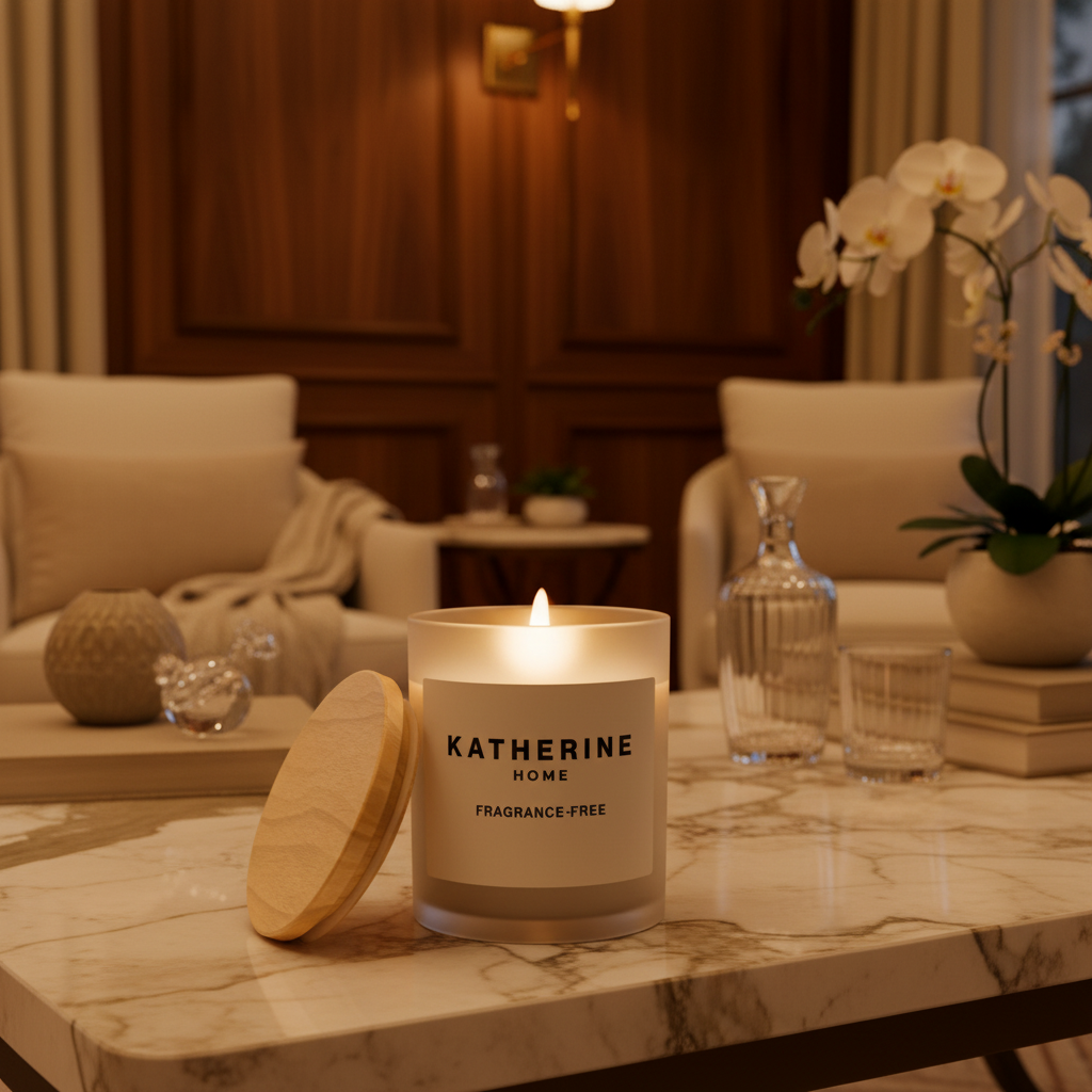 Candle labeled 'Katherine Home' on a marble table in a cozy living room.