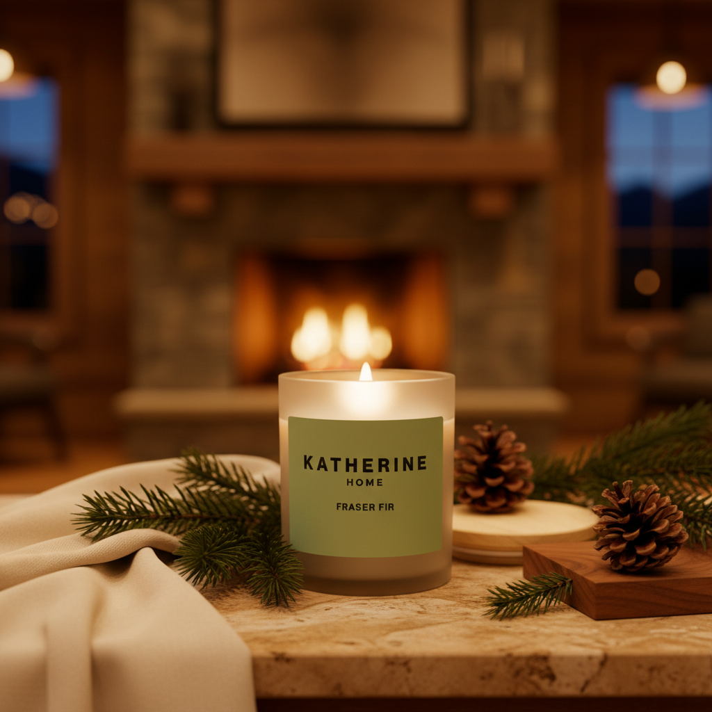 Candle labeled 'Katherine Home Fraser Fir' on a wooden surface with a fireplace in the background