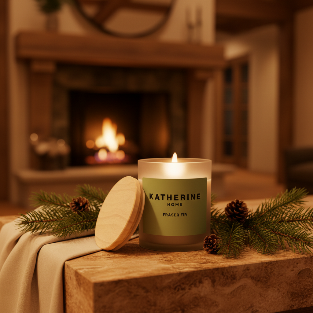 Candle with a label in front of a fireplace