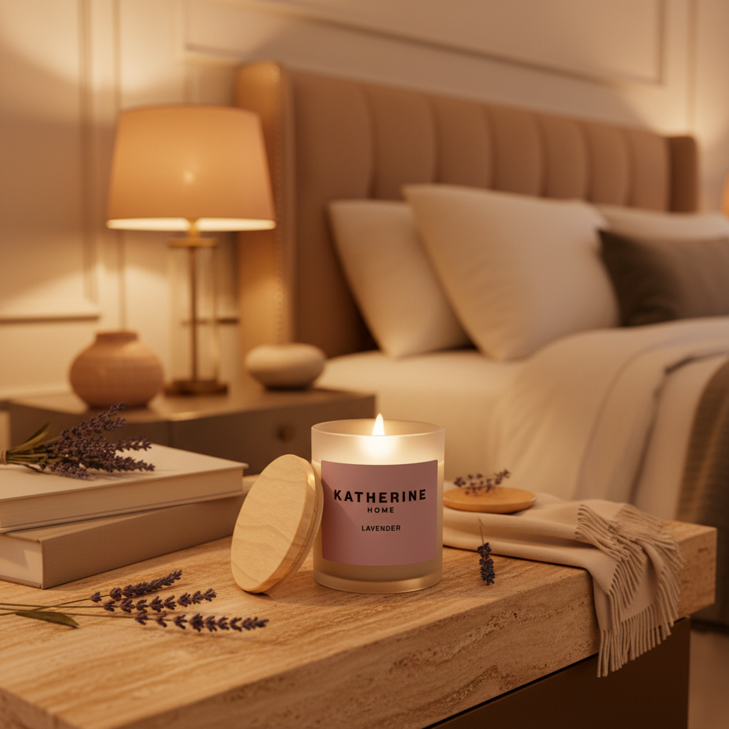 Candle with a label on a wooden table in a bedroom setting