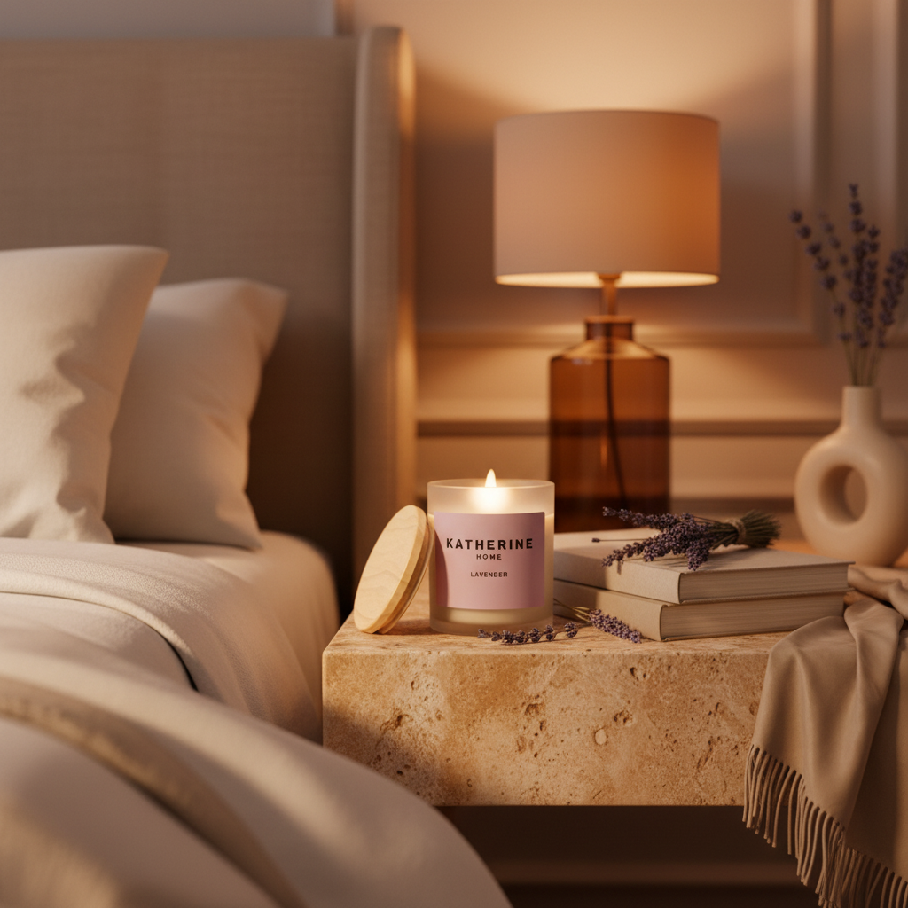Candle on a nightstand next to a bed with soft lighting