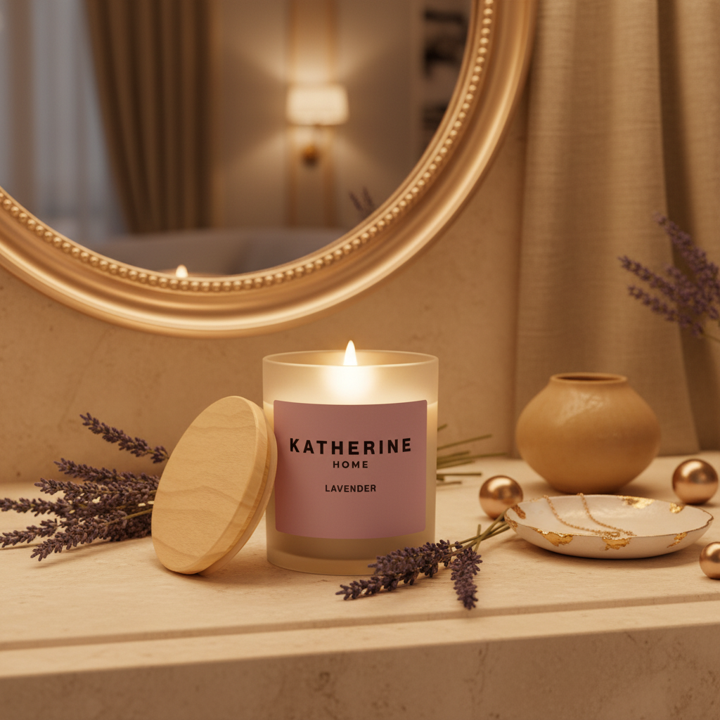 Candle labeled 'Katherine Home' with lavender on a decorative surface.