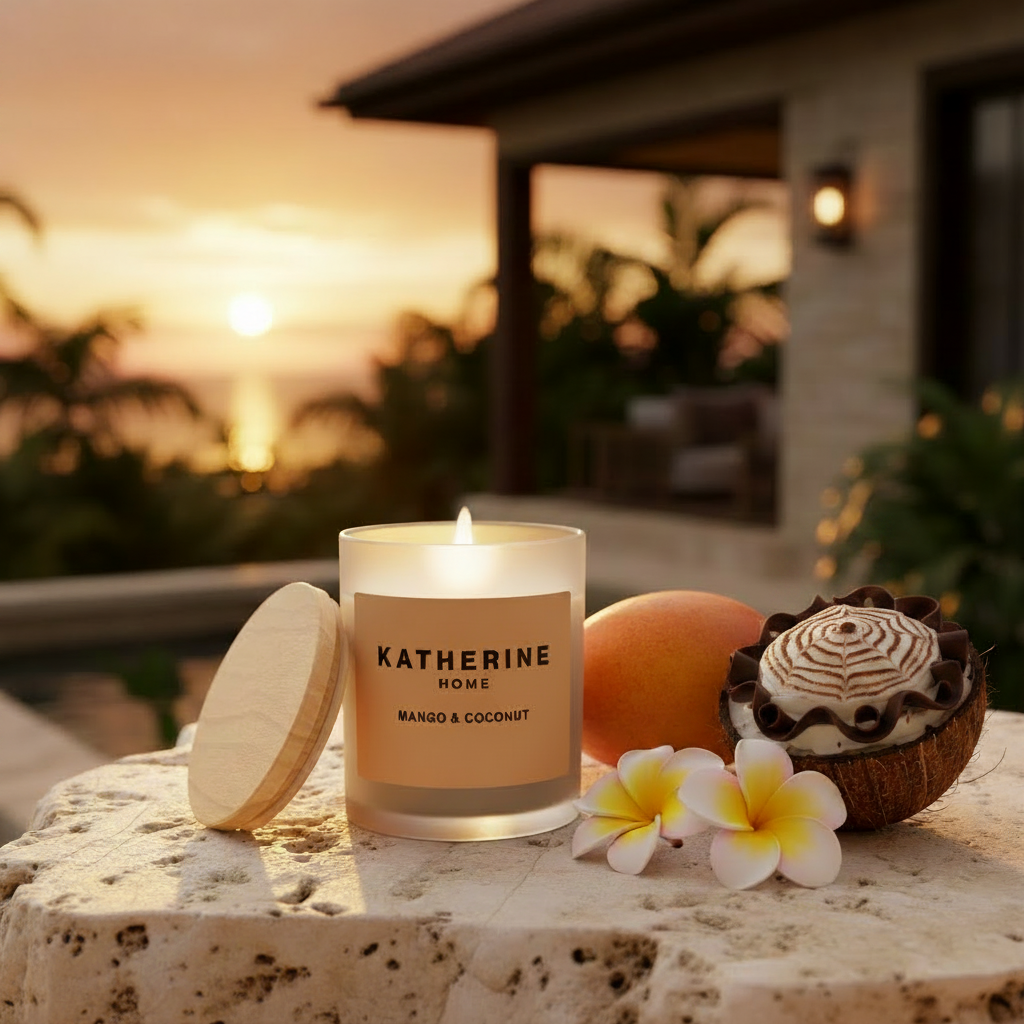 Candle labeled 'Katherine Home Mango & Coconut' with a sunset background